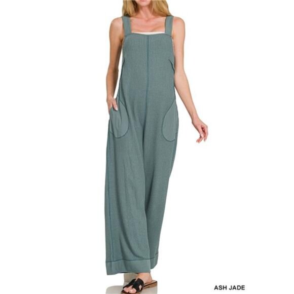 Zenana Knit Waffle Wide Leg Overalls - Picture 1 of 2